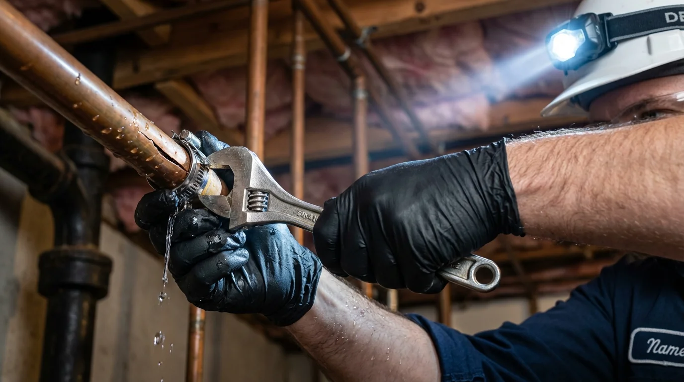 Emergency pipe clamp repair being performed by a Johns Plumbing LLC plumber in Fort Recovery