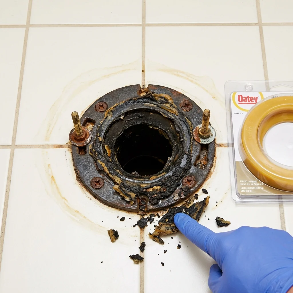 Failed wax ring showing water seepage at the base of a toilet in a Fort Recovery, OH home