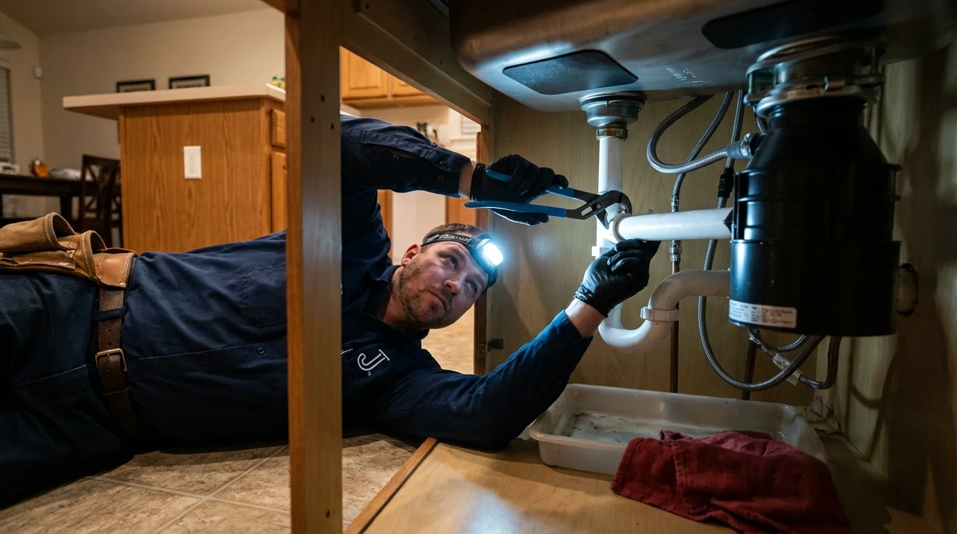 P-trap and supply line connections under a kitchen sink showing a common leak point in Fort Recovery, OH